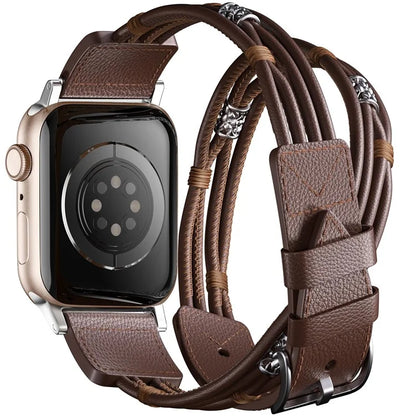 S / M Size Ethnic Style Double Circle Strap for Apple Watch Series 9 8 7 41mm / 6 5 4 SE (2022) SE (2023) SE 40mm / 3 2 1 38mm Cowhide Watch Band