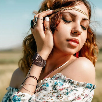 S / M Size Ethnic Style Double Circle Strap for Apple Watch Series 9 8 7 41mm / 6 5 4 SE (2022) SE (2023) SE 40mm / 3 2 1 38mm Cowhide Watch Band