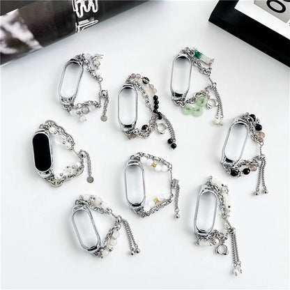 For Xiaomi Smart Band 8 Stainless Steel Watch Band Beads Chain Bracelet with Case