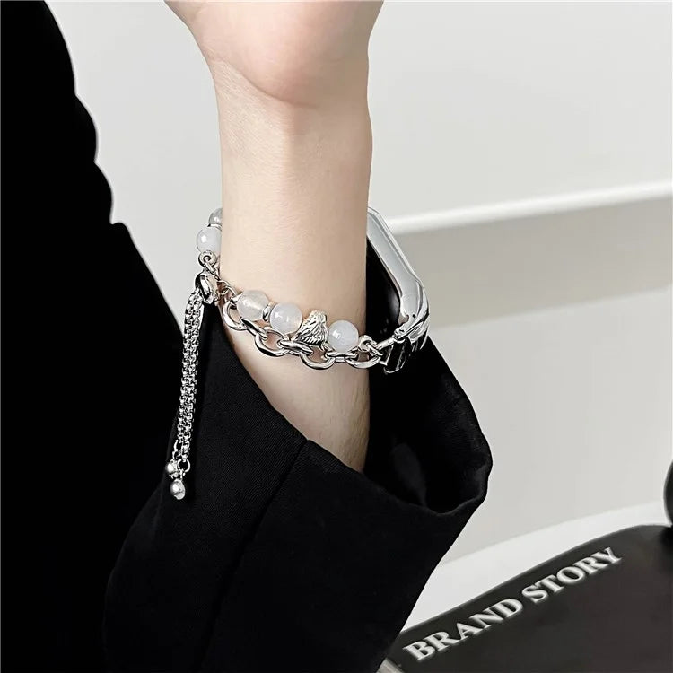 For Xiaomi Smart Band 8 Stainless Steel Watch Band Beads Chain Bracelet with Case