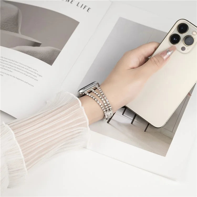3 Rows Rhinestone Watch Strap for Apple Watch Series 9 8 7 41mm / 6 5 4 SE (2022) SE (2023) SE 40mm / 3 2 1 38mm Zinc Alloy Band