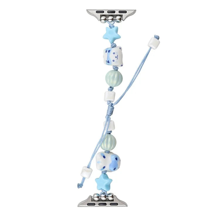 Cartoon Cat Ceramic Beads Strap for Apple Watch Series 9 8 7 41mm / 6 5 4 SE (2022) SE (2023) SE 40mm / 3 2 1 38mm Drawstring Bracelet