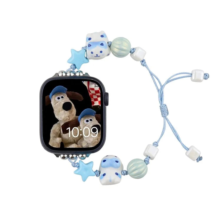 Cartoon Cat Ceramic Beads Strap for Apple Watch Series 9 8 7 41mm / 6 5 4 SE (2022) SE (2023) SE 40mm / 3 2 1 38mm Drawstring Bracelet