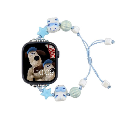 Cartoon Cat Ceramic Beads Strap for Apple Watch Series 9 8 7 41mm / 6 5 4 SE (2022) SE (2023) SE 40mm / 3 2 1 38mm Drawstring Bracelet