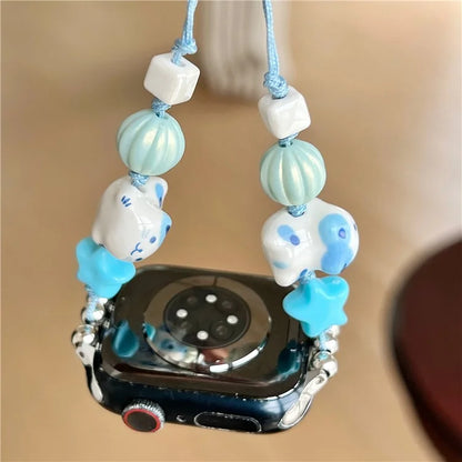Cartoon Cat Ceramic Beads Strap for Apple Watch Series 9 8 7 41mm / 6 5 4 SE (2022) SE (2023) SE 40mm / 3 2 1 38mm Drawstring Bracelet