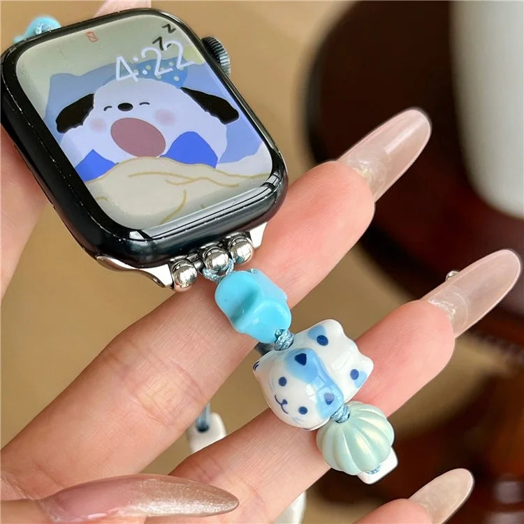 Cartoon Cat Ceramic Beads Strap for Apple Watch Series 9 8 7 41mm / 6 5 4 SE (2022) SE (2023) SE 40mm / 3 2 1 38mm Drawstring Bracelet