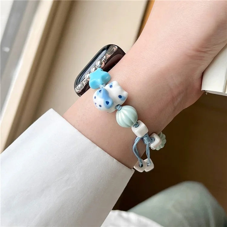 Cartoon Cat Ceramic Beads Strap for Apple Watch Series 9 8 7 41mm / 6 5 4 SE (2022) SE (2023) SE 40mm / 3 2 1 38mm Drawstring Bracelet