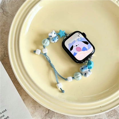 Cartoon Cat Ceramic Beads Strap for Apple Watch Series 9 8 7 41mm / 6 5 4 SE (2022) SE (2023) SE 40mm / 3 2 1 38mm Drawstring Bracelet
