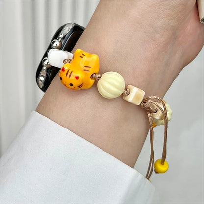 Cartoon Cat Ceramic Beads Strap for Apple Watch Series 9 8 7 41mm / 6 5 4 SE (2022) SE (2023) SE 40mm / 3 2 1 38mm Drawstring Bracelet