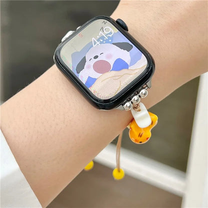 Cartoon Cat Ceramic Beads Strap for Apple Watch Series 9 8 7 41mm / 6 5 4 SE (2022) SE (2023) SE 40mm / 3 2 1 38mm Drawstring Bracelet