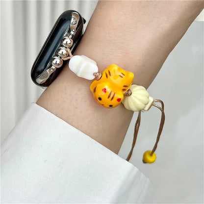 Cartoon Cat Ceramic Beads Strap for Apple Watch Series 9 8 7 41mm / 6 5 4 SE (2022) SE (2023) SE 40mm / 3 2 1 38mm Drawstring Bracelet