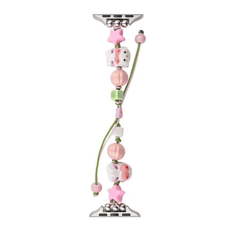 Cartoon Cat Ceramic Beads Strap for Apple Watch Series 9 8 7 41mm / 6 5 4 SE (2022) SE (2023) SE 40mm / 3 2 1 38mm Drawstring Bracelet