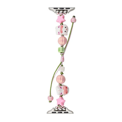 Cartoon Cat Ceramic Beads Strap for Apple Watch Series 9 8 7 41mm / 6 5 4 SE (2022) SE (2023) SE 40mm / 3 2 1 38mm Drawstring Bracelet