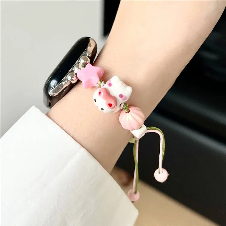Cartoon Cat Ceramic Beads Strap for Apple Watch Series 9 8 7 41mm / 6 5 4 SE (2022) SE (2023) SE 40mm / 3 2 1 38mm Drawstring Bracelet