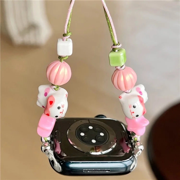 Cartoon Cat Ceramic Beads Strap for Apple Watch Series 9 8 7 41mm / 6 5 4 SE (2022) SE (2023) SE 40mm / 3 2 1 38mm Drawstring Bracelet
