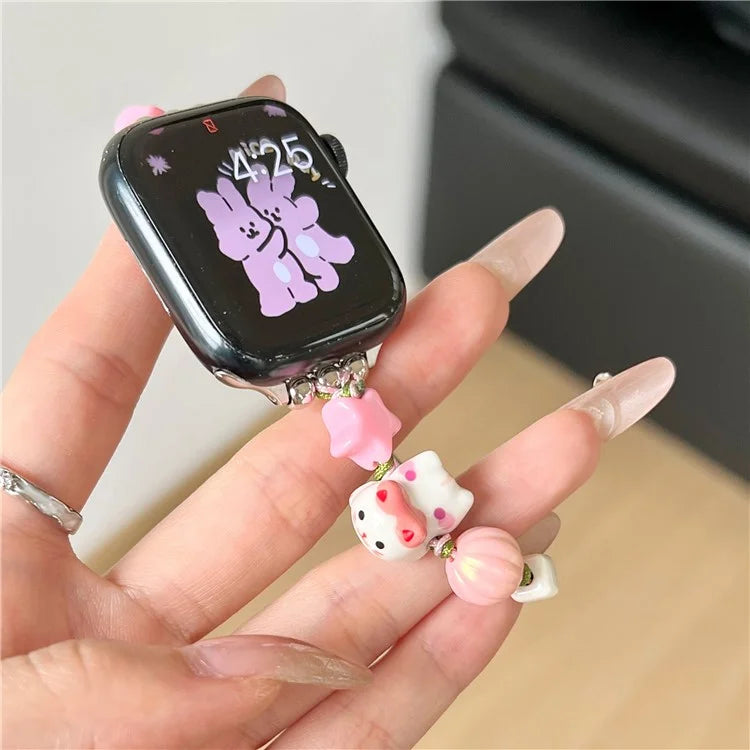 Cartoon Cat Ceramic Beads Strap for Apple Watch Series 9 8 7 41mm / 6 5 4 SE (2022) SE (2023) SE 40mm / 3 2 1 38mm Drawstring Bracelet