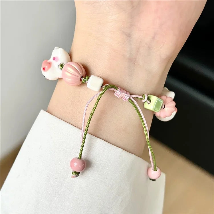 Cartoon Cat Ceramic Beads Strap for Apple Watch Series 9 8 7 41mm / 6 5 4 SE (2022) SE (2023) SE 40mm / 3 2 1 38mm Drawstring Bracelet