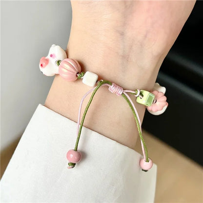 Cartoon Cat Ceramic Beads Strap for Apple Watch Series 9 8 7 41mm / 6 5 4 SE (2022) SE (2023) SE 40mm / 3 2 1 38mm Drawstring Bracelet