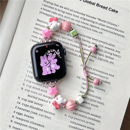 Cartoon Cat Ceramic Beads Strap for Apple Watch Series 9 8 7 41mm / 6 5 4 SE (2022) SE (2023) SE 40mm / 3 2 1 38mm Drawstring Bracelet