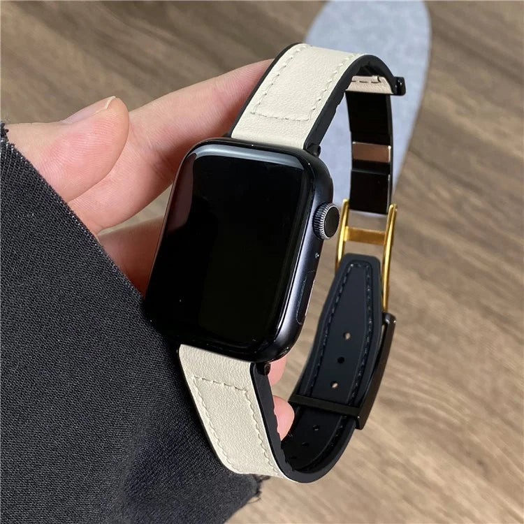 For Apple Watch Series 9 8 7 41mm  /  6 5 4 SE (2023) SE (2022) SE 40mm  /  3 2 1 38mm Watch Strap Silicone+Genuine Cow Leather Band