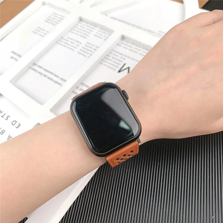 For Apple Watch Series 9 8 7 41mm / 6 5 4 SE (2022) SE (2023) SE 40mm / 3 2 1 38mm Watch Band Hollow-Out Leather Strap