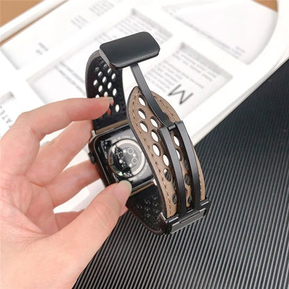 For Apple Watch Ultra 2 Ultra 49mm / Series 9 8 7 45mm / 6 5 4 SE (2023) SE (2022) SE 44mm / 3 2 1 42mm Breathable Strap Leather Watch Band