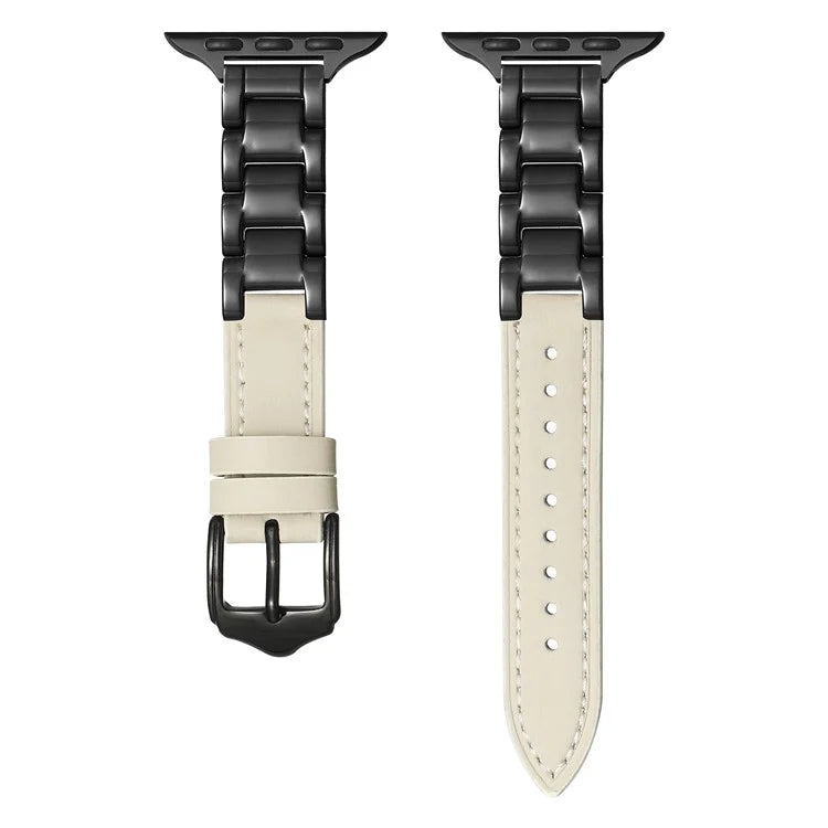 For Apple Watch Ultra 2 Ultra 49mm  /  Series 9 8 7 45mm  /  6 5 4 SE (2023) SE (2022) SE 44mm  /  3 2 1 42mm Ceramic+Leather Strap