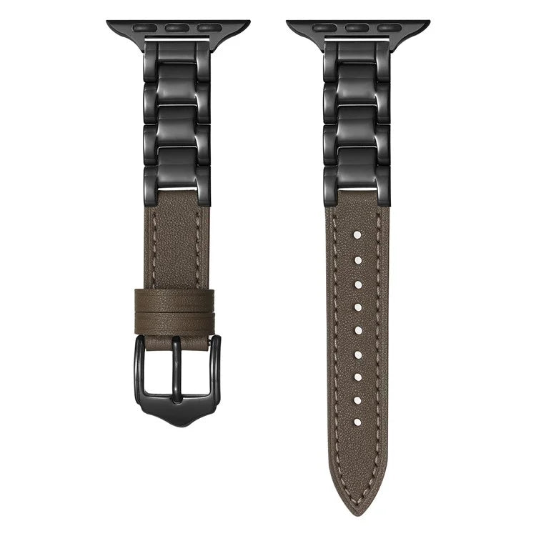 For Apple Watch Ultra 2 Ultra 49mm  /  Series 9 8 7 45mm  /  6 5 4 SE (2023) SE (2022) SE 44mm  /  3 2 1 42mm Ceramic+Leather Strap