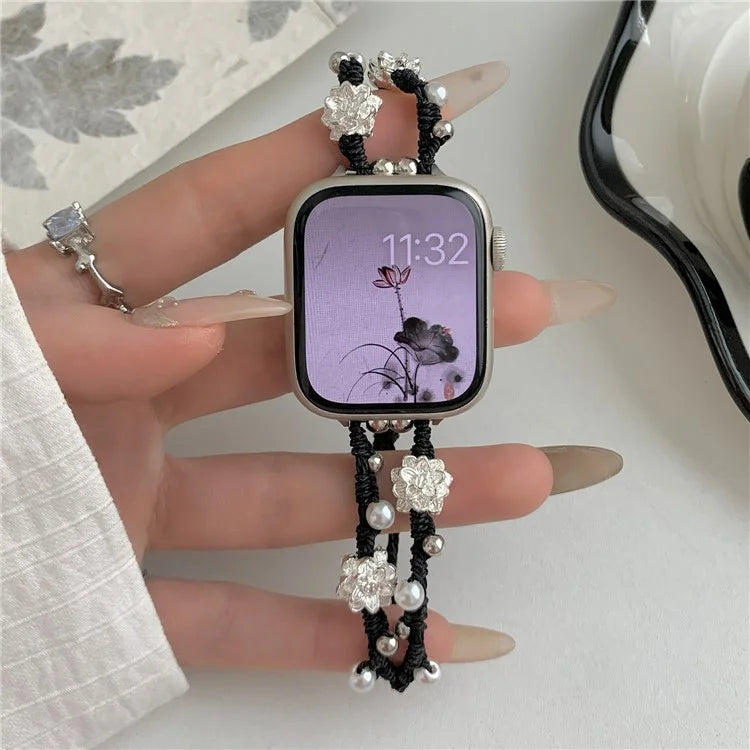 Nylon Rope Strap for Apple Watch Ultra 2 Ultra 49mm / 9 8 7 45mm / 6 5 4 SE (2023) SE (2022) SE 44mm / 3 2 1 42mm Lotus Pearl Decor Bracelet