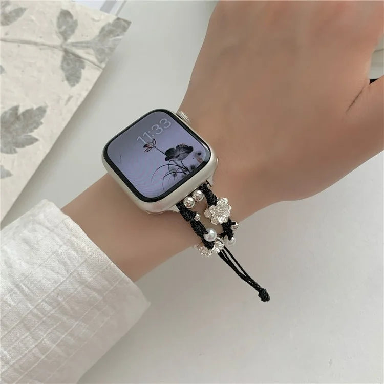 Nylon Rope Strap for Apple Watch Ultra 2 Ultra 49mm / 9 8 7 45mm / 6 5 4 SE (2023) SE (2022) SE 44mm / 3 2 1 42mm Lotus Pearl Decor Bracelet