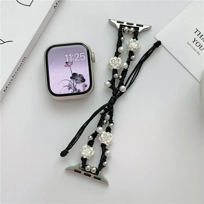 Nylon Rope Strap for Apple Watch Ultra 2 Ultra 49mm / 9 8 7 45mm / 6 5 4 SE (2023) SE (2022) SE 44mm / 3 2 1 42mm Lotus Pearl Decor Bracelet