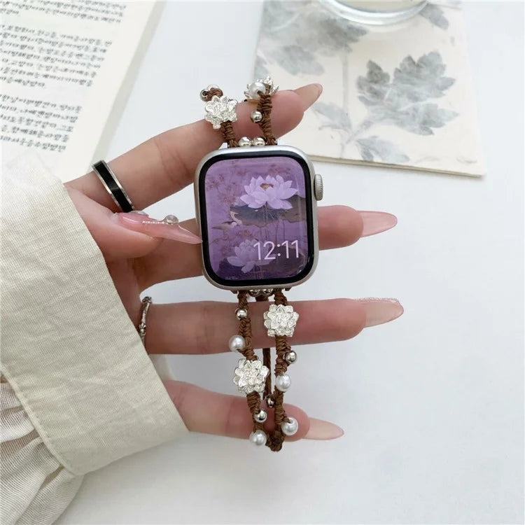 Nylon Rope Strap for Apple Watch Ultra 2 Ultra 49mm / 9 8 7 45mm / 6 5 4 SE (2023) SE (2022) SE 44mm / 3 2 1 42mm Lotus Pearl Decor Bracelet