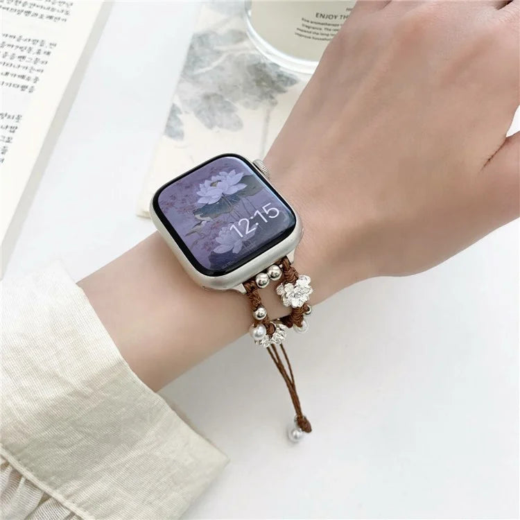 Nylon Rope Strap for Apple Watch Ultra 2 Ultra 49mm / 9 8 7 45mm / 6 5 4 SE (2023) SE (2022) SE 44mm / 3 2 1 42mm Lotus Pearl Decor Bracelet