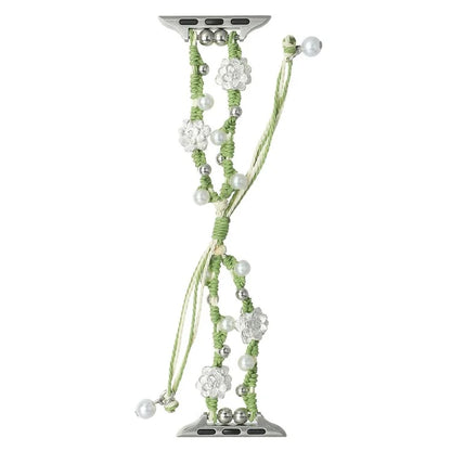 Nylon Rope Strap for Apple Watch Ultra 2 Ultra 49mm / 9 8 7 45mm / 6 5 4 SE (2023) SE (2022) SE 44mm / 3 2 1 42mm Lotus Pearl Decor Bracelet