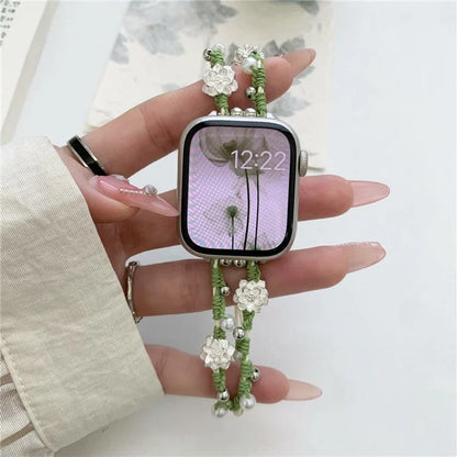 Nylon Rope Strap for Apple Watch Ultra 2 Ultra 49mm / 9 8 7 45mm / 6 5 4 SE (2023) SE (2022) SE 44mm / 3 2 1 42mm Lotus Pearl Decor Bracelet