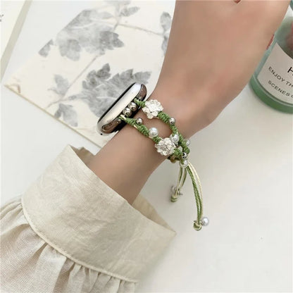 Nylon Rope Strap for Apple Watch Ultra 2 Ultra 49mm / 9 8 7 45mm / 6 5 4 SE (2023) SE (2022) SE 44mm / 3 2 1 42mm Lotus Pearl Decor Bracelet