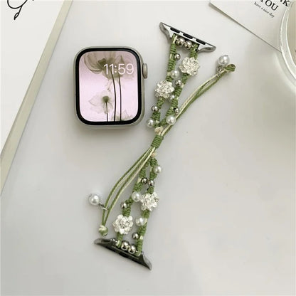 Nylon Rope Strap for Apple Watch Ultra 2 Ultra 49mm / 9 8 7 45mm / 6 5 4 SE (2023) SE (2022) SE 44mm / 3 2 1 42mm Lotus Pearl Decor Bracelet