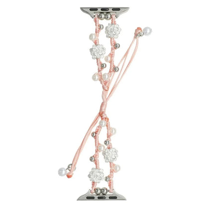 Nylon Rope Strap for Apple Watch Ultra 2 Ultra 49mm / 9 8 7 45mm / 6 5 4 SE (2023) SE (2022) SE 44mm / 3 2 1 42mm Lotus Pearl Decor Bracelet