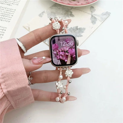 Nylon Rope Strap for Apple Watch Ultra 2 Ultra 49mm / 9 8 7 45mm / 6 5 4 SE (2023) SE (2022) SE 44mm / 3 2 1 42mm Lotus Pearl Decor Bracelet