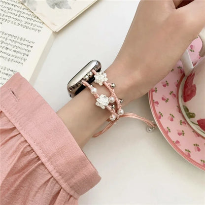 Nylon Rope Strap for Apple Watch Ultra 2 Ultra 49mm / 9 8 7 45mm / 6 5 4 SE (2023) SE (2022) SE 44mm / 3 2 1 42mm Lotus Pearl Decor Bracelet