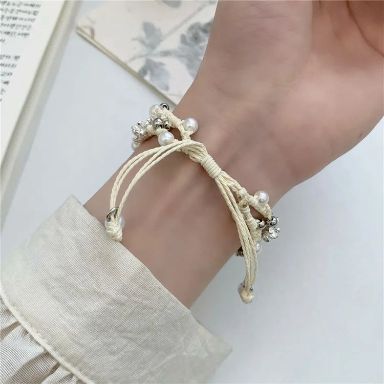 Nylon Rope Strap for Apple Watch Ultra 2 Ultra 49mm / 9 8 7 45mm / 6 5 4 SE (2023) SE (2022) SE 44mm / 3 2 1 42mm Lotus Pearl Decor Bracelet