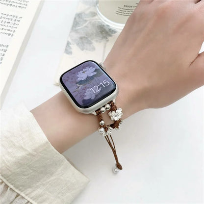 For Apple Watch Series 9 8 7 41mm / 6 5 4 SE (2022) SE (2023) SE 40mm / 3 2 1 38mm Lotus Pearl Decor Watch Strap
