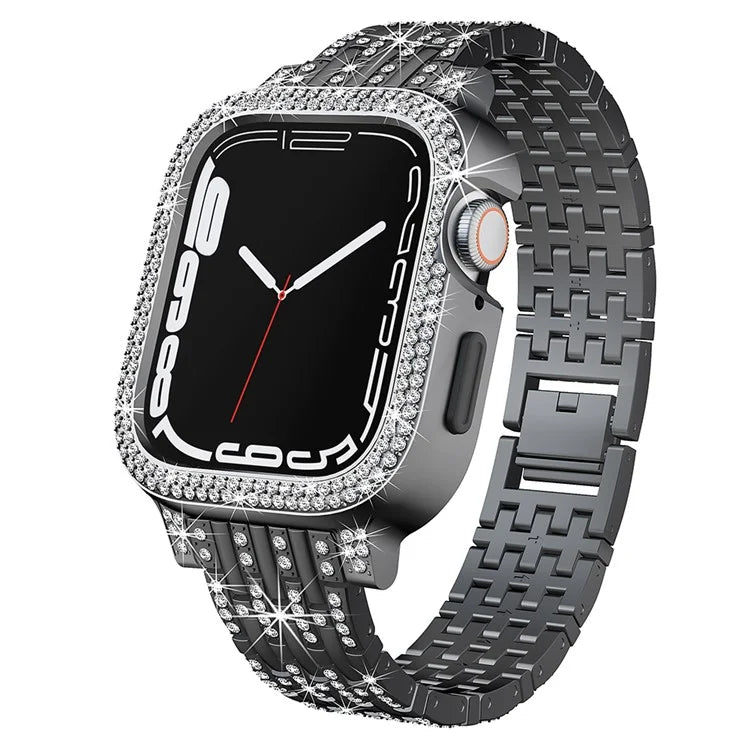 For Apple Watch Series 9 / 8 / 7 45mm Rhinestone Decor Metal Watch Band Integrated with Protective Case