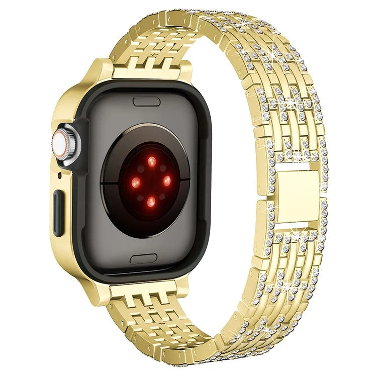 For Apple Watch Series 9 / 8 / 7 45mm Rhinestone Decor Metal Watch Band Integrated with Protective Case
