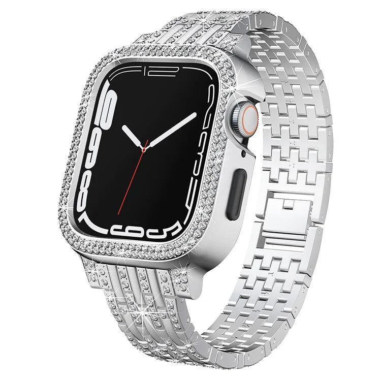 For Apple Watch Series 9 / 8 / 7 45mm Rhinestone Decor Metal Watch Band Integrated with Protective Case