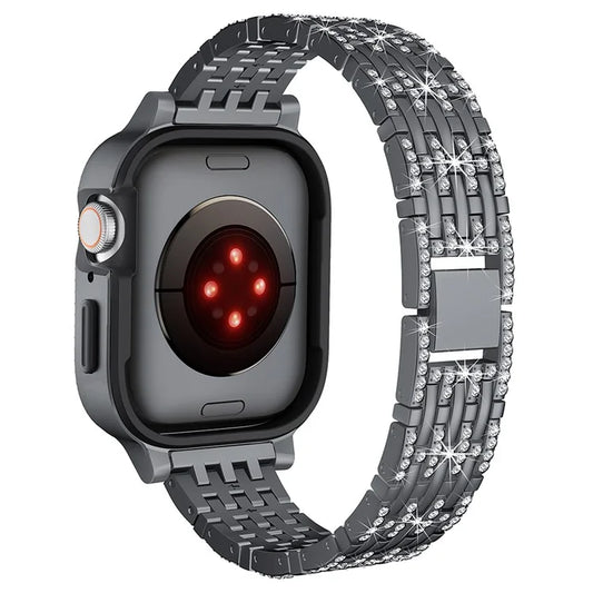 For Apple Watch Series 7 / 8 / 9 41mm Metal Watch Band Strap with Rhinestone Decor Frame Case
