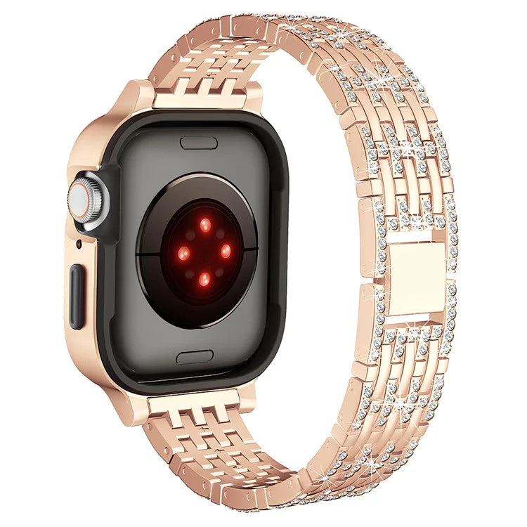 For Apple Watch Series 7 / 8 / 9 41mm Metal Watch Band Strap with Rhinestone Decor Frame Case