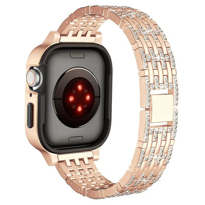 For Apple Watch Series 7 / 8 / 9 41mm Metal Watch Band Strap with Rhinestone Decor Frame Case