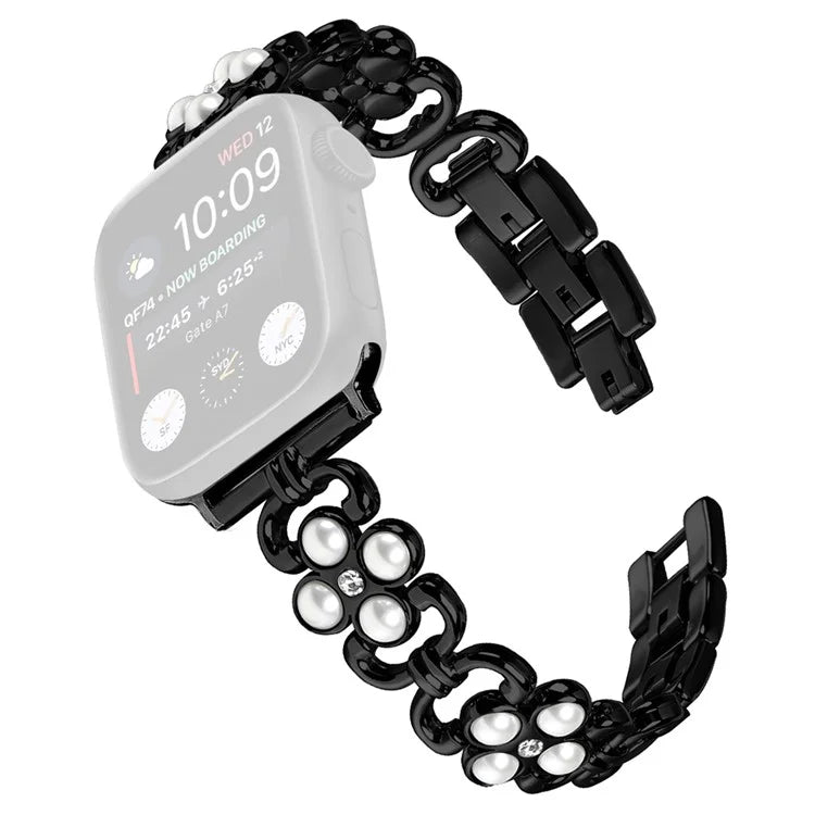 For Apple Watch Series 9 8 7 41mm / 6 5 4 SE (2022) SE (2023) SE 40mm / 3 2 1 38mm Stainless Steel Band Pearl Four Leaf Clover Watch Strap