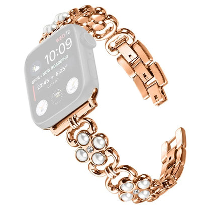 For Apple Watch Series 9 8 7 41mm / 6 5 4 SE (2022) SE (2023) SE 40mm / 3 2 1 38mm Stainless Steel Band Pearl Four Leaf Clover Watch Strap